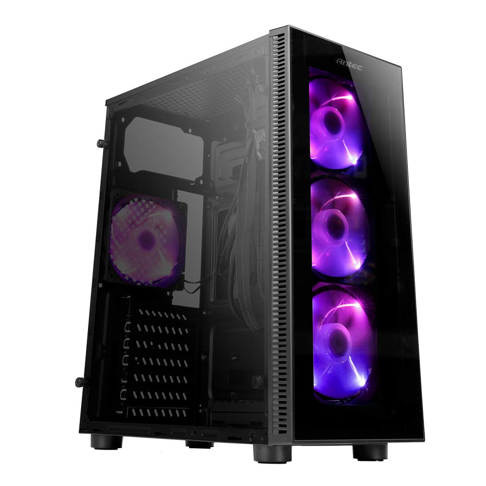 The sleek Antec NX210 mid tower gaming cabinet in India with its front panel RGB lighting on display.

