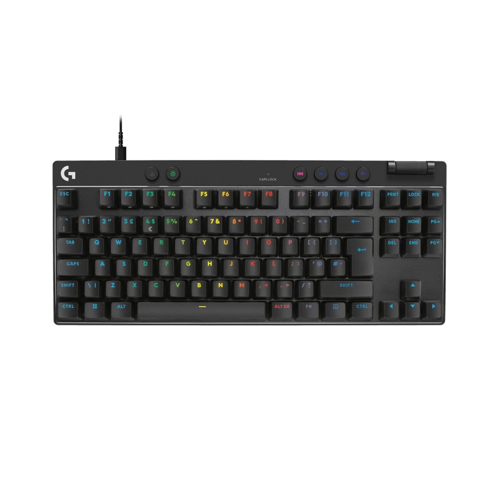 The tenkeyless Logitech G Pro, considered the best Logitech keyboard for gaming competitions, shown on a gaming desk.